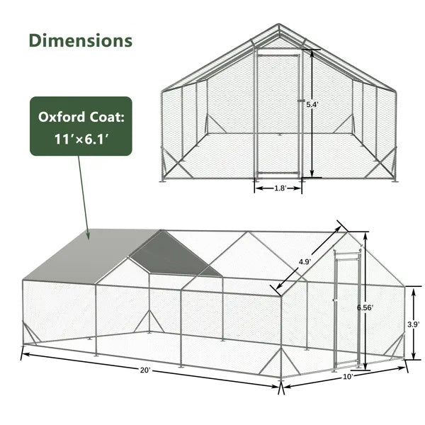 JMT-432842 Walk-In Chicken Coop with Galvanized Wire, Waterproof Anti-Ultraviolet Cover - 10' L x 20' W x 6.56' H