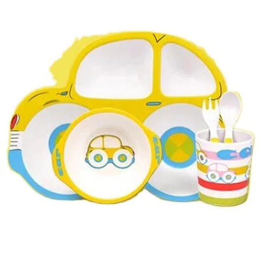JMT-435082 Bamboo Fibre Children's Cutlery Set with Divided Dinner Plate, Rice Bowl, Fork, and Spoon in Cartoon Design