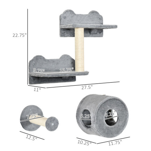 JMT-435146 5-Piece Cat Wall Shelves Set with Condo, Cushion, Scratching Post, and Jumping Platforms in Brown and Gray