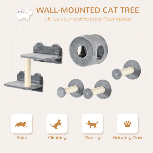 JMT-435146 5-Piece Cat Wall Shelves Set with Condo, Cushion, Scratching Post, and Jumping Platforms in Brown and Gray