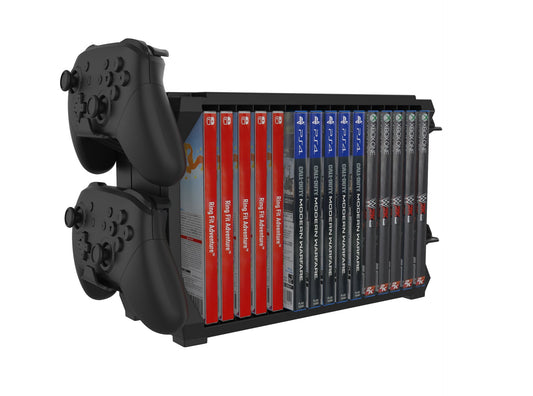 JMT-435594 Game Console Disc and Controller Storage Stand for PS5, PS4, Xbox Series X, and Nintendo Switch - Black