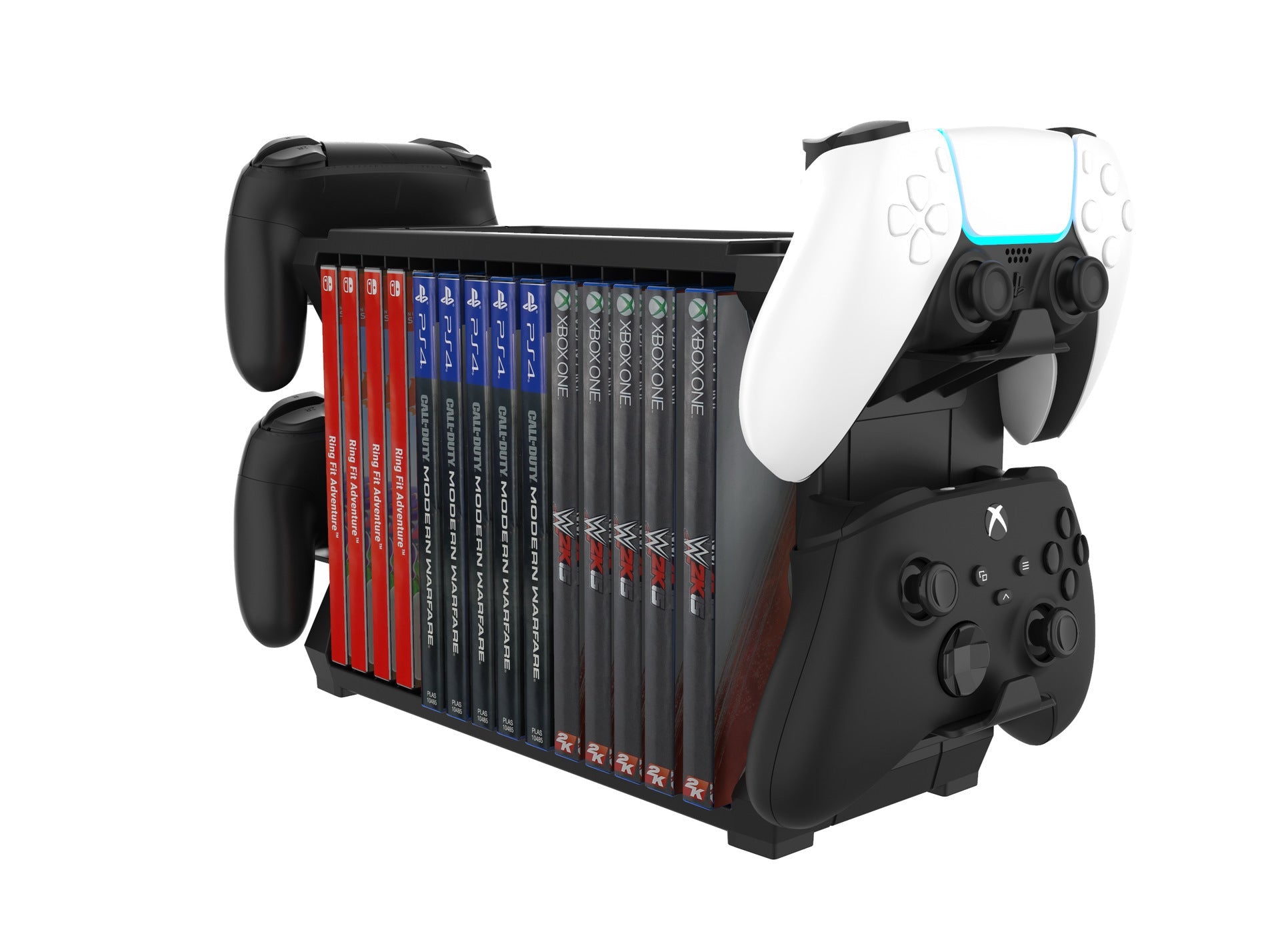 JMT-435594 Game Console Disc and Controller Storage Stand for PS5, PS4, Xbox Series X, and Nintendo Switch - Black