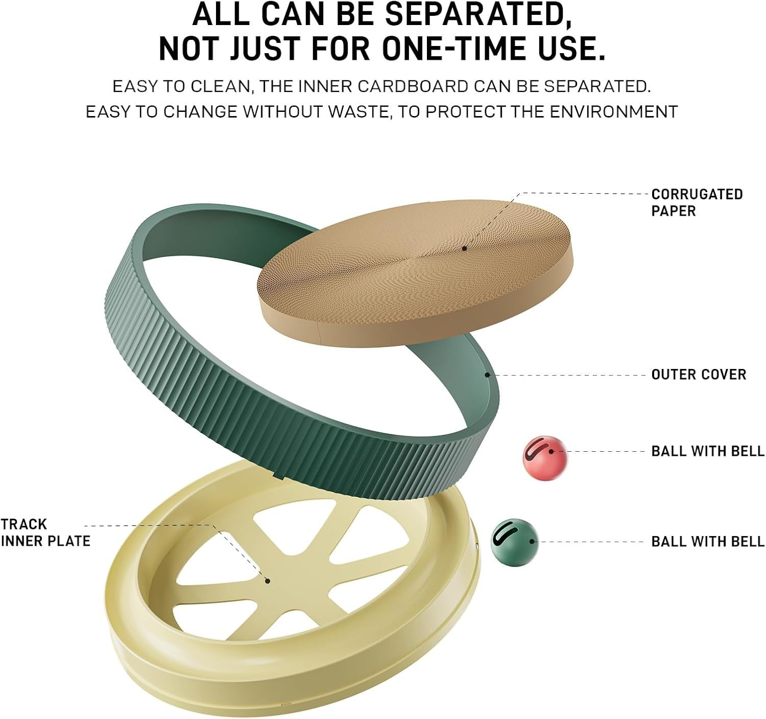 JMT-436106 Interactive Cat Scratching Board with 2-in-1 Design and Moving Ball Toys, Eco-Friendly Cardboard Scratcher for Indoor Cats