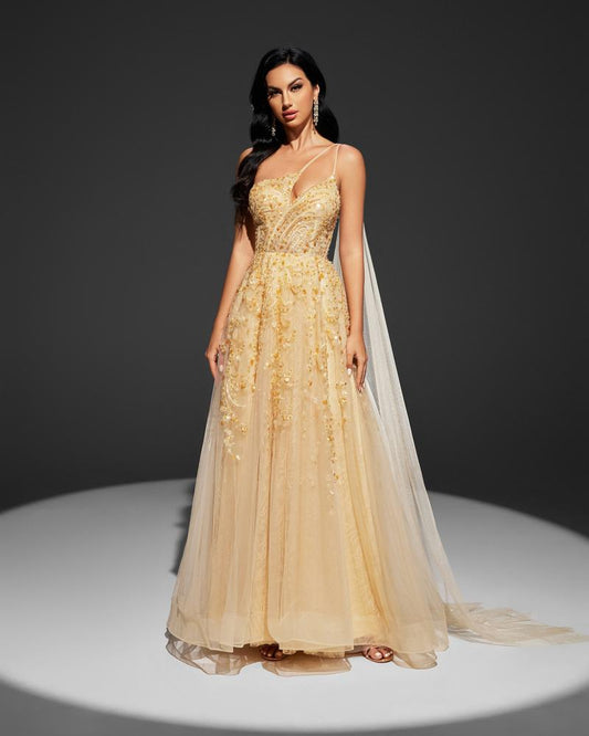 JMT-436682 Elegant Yellow Evening Gown for Women - Model SH0003