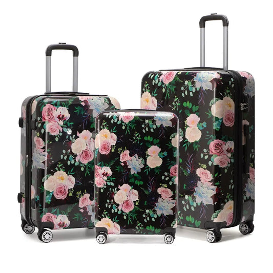 JMT-437002 Custom Floral PVC Hard Shell Trolley Suitcase Set - 3 Piece Travel Luggage Collection