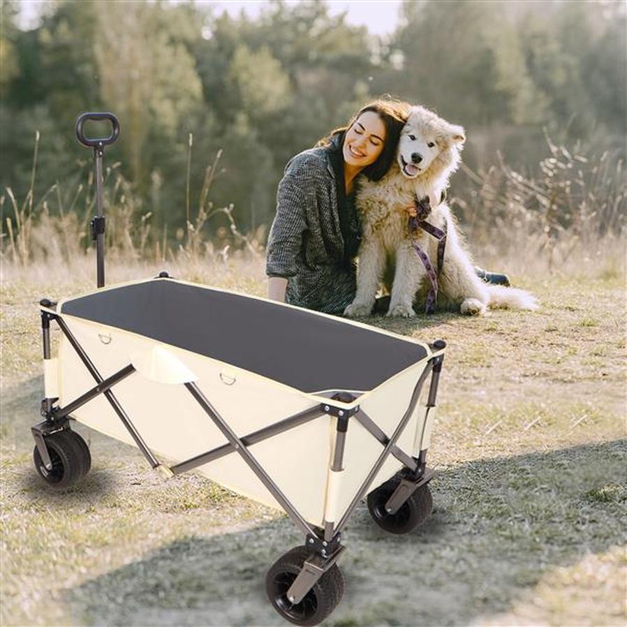 JMT-437322 Heavy-Duty Folding Cart with Large Wheels, Adjustable Handles, and Drink Holders for Beach, Gardening, Shopping, and Camping