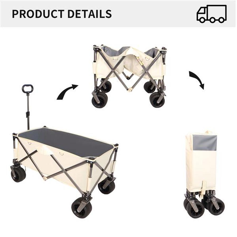 JMT-437322 Heavy-Duty Folding Cart with Large Wheels, Adjustable Handles, and Drink Holders for Beach, Gardening, Shopping, and Camping