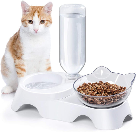 JMT-438410 Tilted Double Dog & Cat Bowls Set with Automatic Water Dispenser for Small to Medium Pets