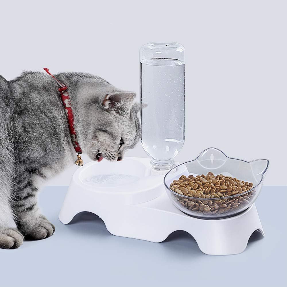 JMT-438410 Tilted Double Dog & Cat Bowls Set with Automatic Water Dispenser for Small to Medium Pets