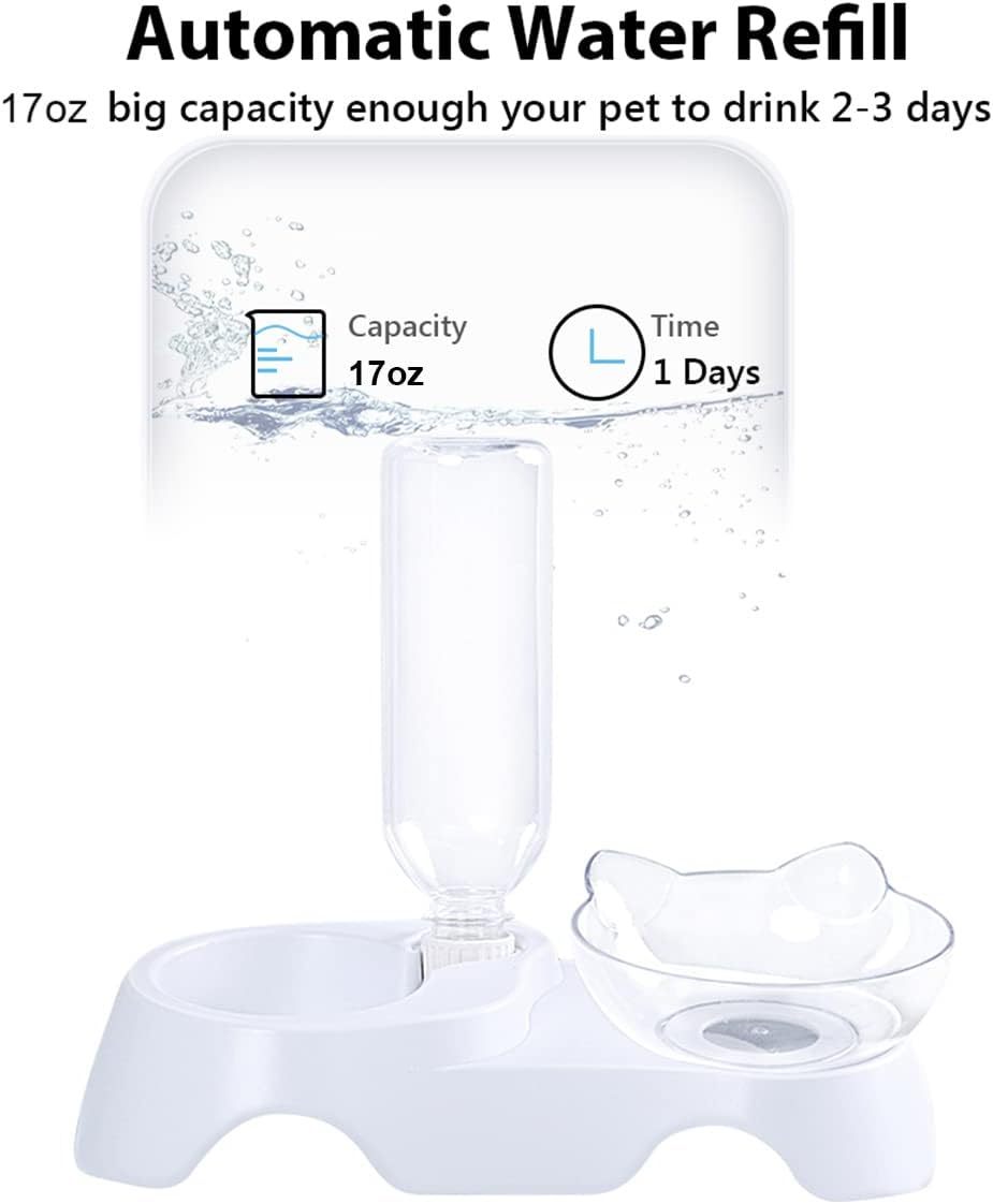 JMT-438410 Tilted Double Dog & Cat Bowls Set with Automatic Water Dispenser for Small to Medium Pets