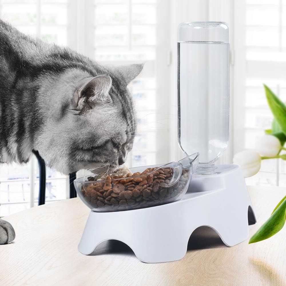JMT-438410 Tilted Double Dog & Cat Bowls Set with Automatic Water Dispenser for Small to Medium Pets