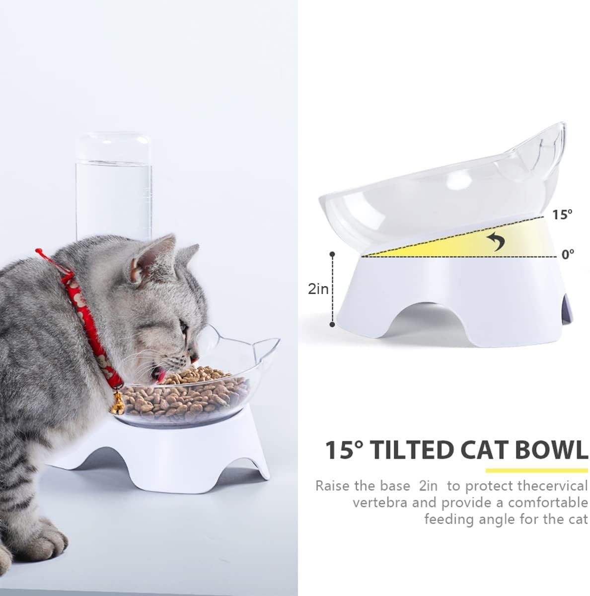 JMT-438410 Tilted Double Dog & Cat Bowls Set with Automatic Water Dispenser for Small to Medium Pets