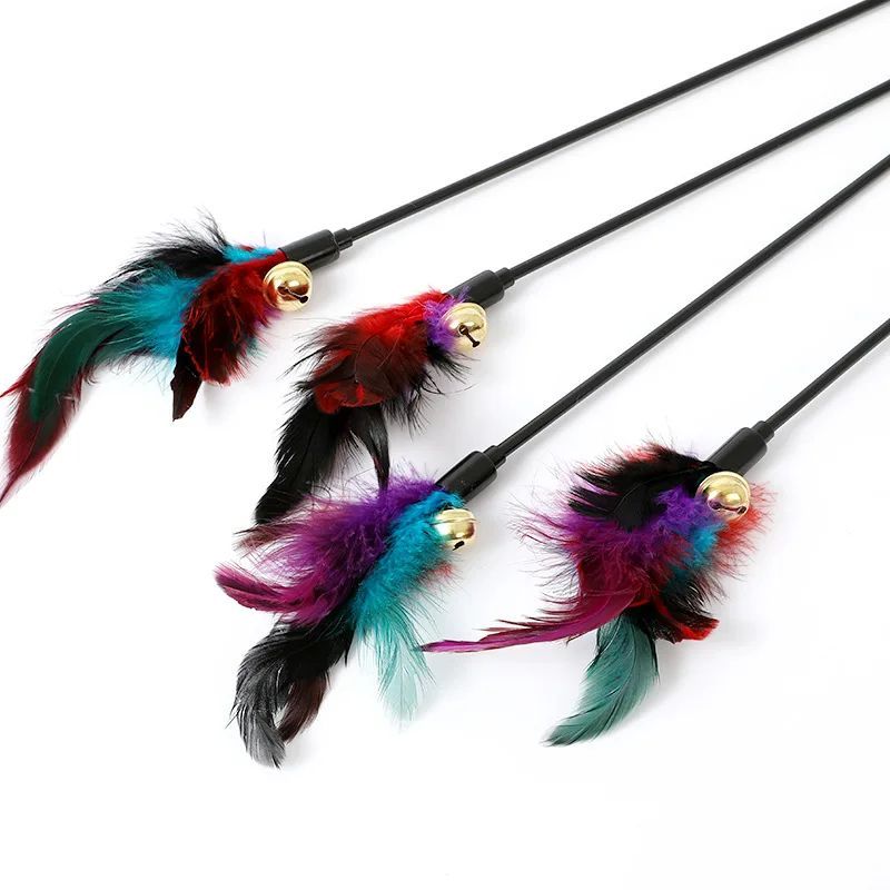 JMT-438730 Interactive Colorful Feather Cat Teaser Stick with Bells - Engaging Playtime Toy for Cats and Kittens