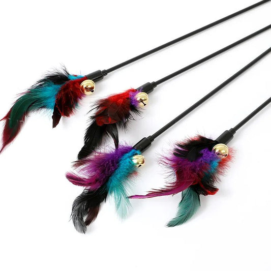 JMT-438730 Interactive Colorful Feather Cat Teaser Stick with Bells - Engaging Playtime Toy for Cats and Kittens