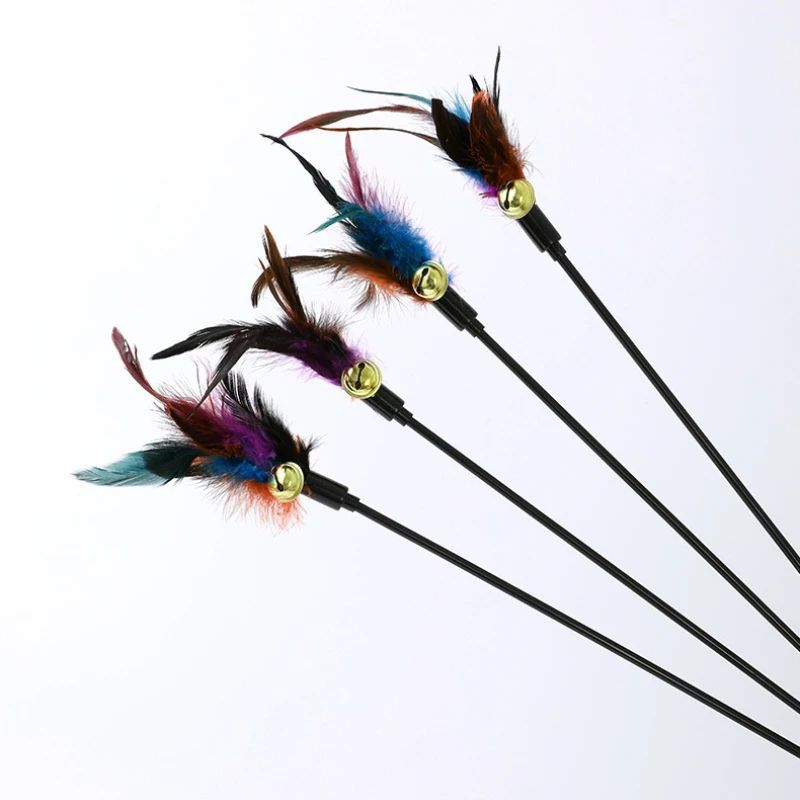JMT-438730 Interactive Colorful Feather Cat Teaser Stick with Bells - Engaging Playtime Toy for Cats and Kittens