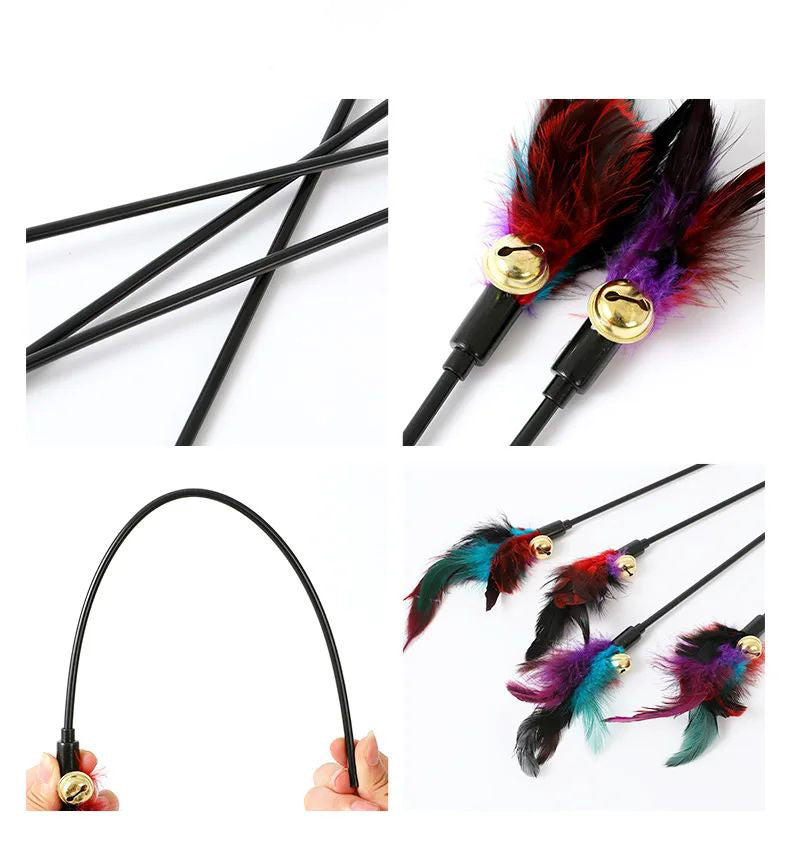 JMT-438730 Interactive Colorful Feather Cat Teaser Stick with Bells - Engaging Playtime Toy for Cats and Kittens