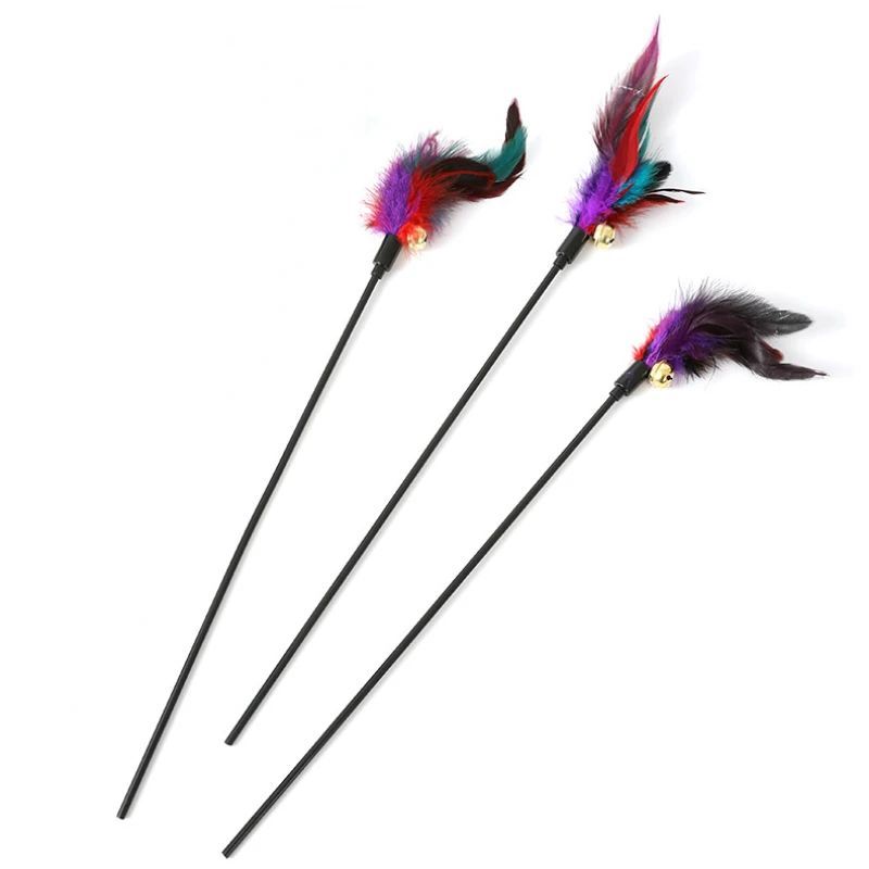 JMT-438730 Interactive Colorful Feather Cat Teaser Stick with Bells - Engaging Playtime Toy for Cats and Kittens