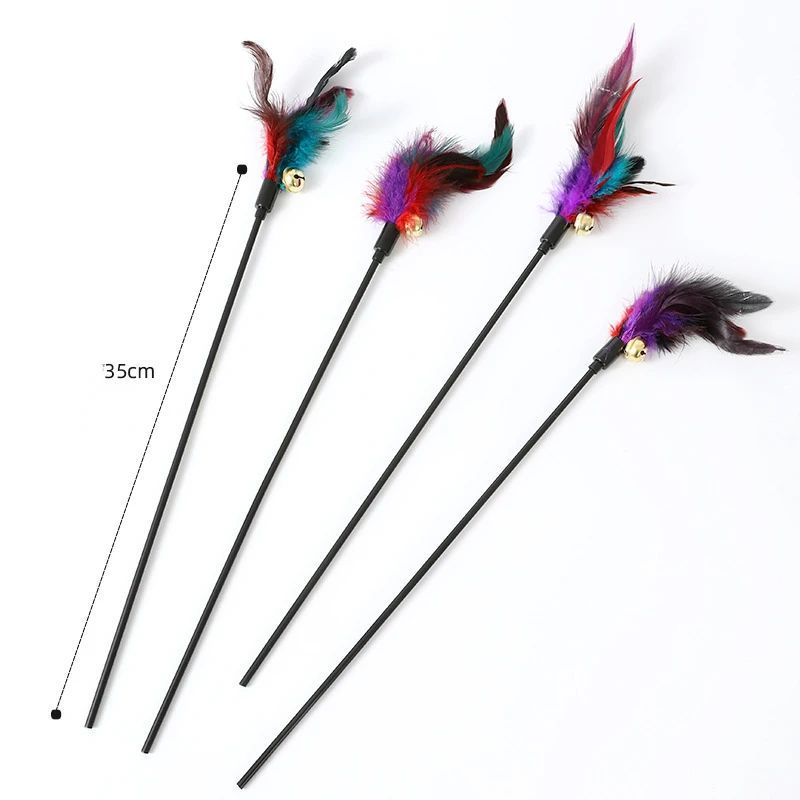 JMT-438730 Interactive Colorful Feather Cat Teaser Stick with Bells - Engaging Playtime Toy for Cats and Kittens