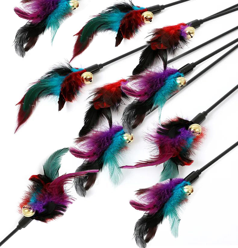 JMT-438730 Interactive Colorful Feather Cat Teaser Stick with Bells - Engaging Playtime Toy for Cats and Kittens