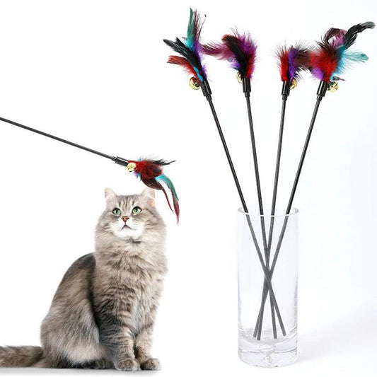 JMT-438730 Interactive Colorful Feather Cat Teaser Stick with Bells - Engaging Playtime Toy for Cats and Kittens