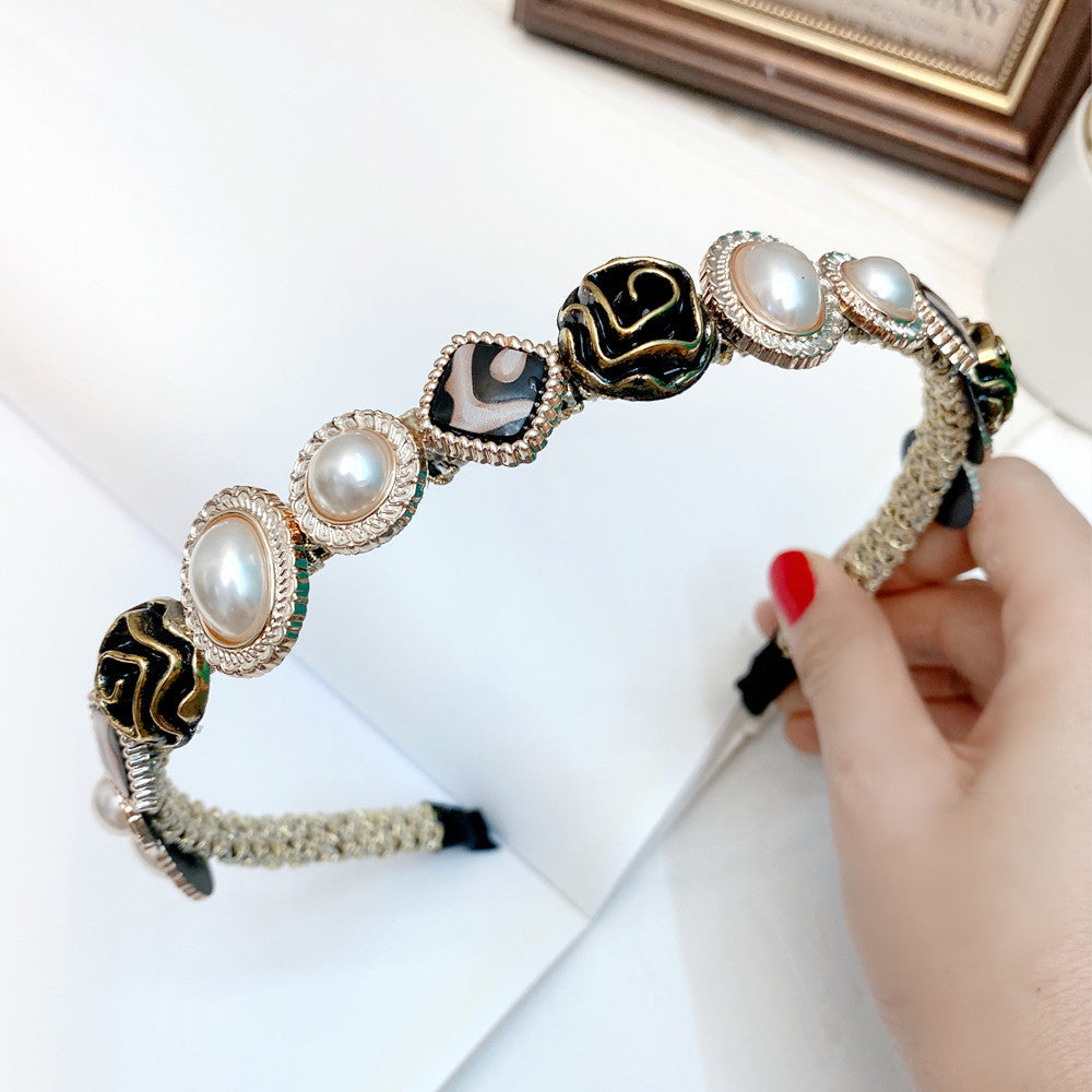 JMT-439114 Elegant U-Shaped Hair Band with Diamond and Pearl Accent