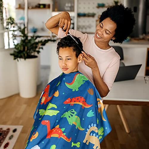 JMT-440714 Children's Haircut Cape with Cartoon Dinosaur Pattern, Adjustable Neck Closure and Waterproof Fabric