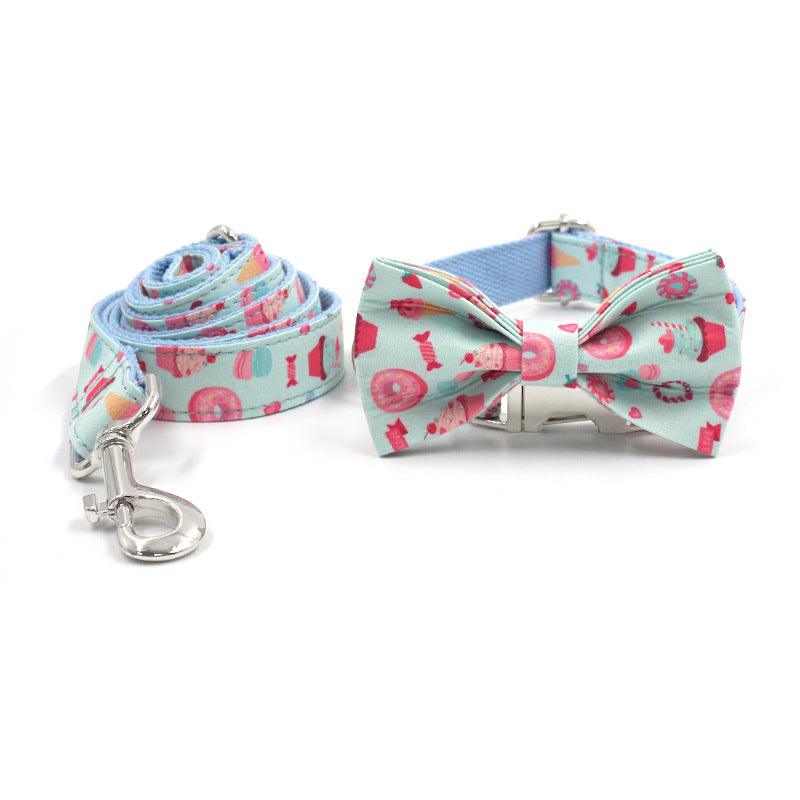 JMT-442378 Cute Cartoon Dog Collar and Leash Set with Bow - Macaron Colors, Polyester Material