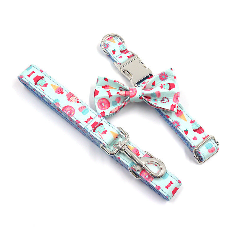 JMT-442378 Cute Cartoon Dog Collar and Leash Set with Bow - Macaron Colors, Polyester Material