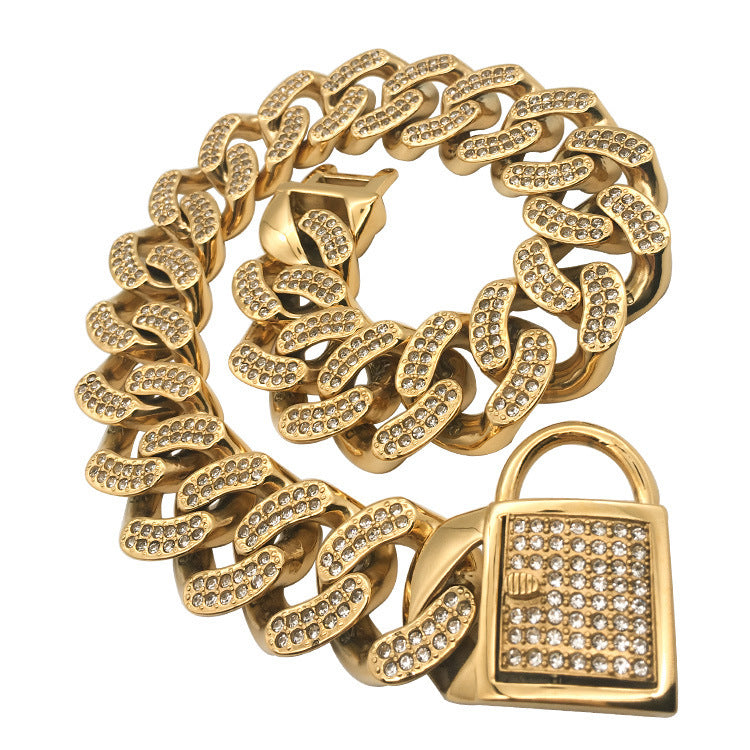 JMT-442698 Elegant Stainless Steel Dog Chain with Diamond Buckle in Rose Gold, Gold, and Steel Finishes