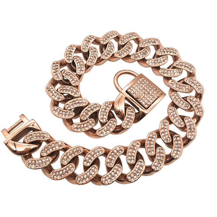 JMT-442698 Elegant Stainless Steel Dog Chain with Diamond Buckle in Rose Gold, Gold, and Steel Finishes
