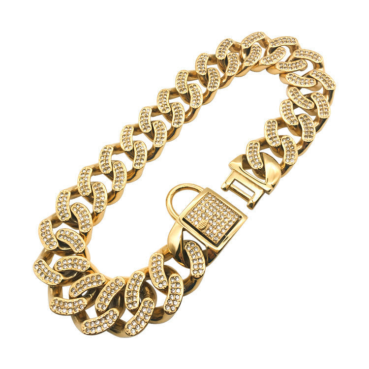 JMT-442698 Elegant Stainless Steel Dog Chain with Diamond Buckle in Rose Gold, Gold, and Steel Finishes