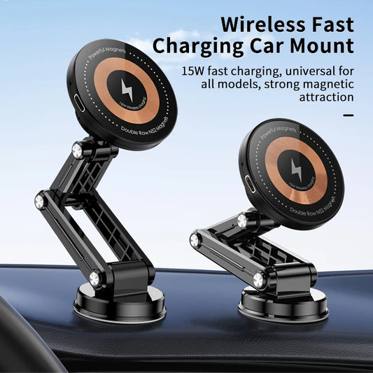 JMT-443850 15W Wireless Charger Magnetic Car Phone Holder with 360° Rotation and Foldable Design for Dashboard Use