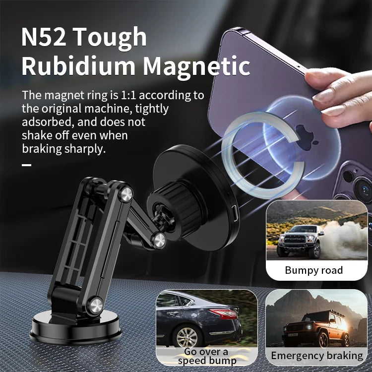 JMT-443850 15W Wireless Charger Magnetic Car Phone Holder with 360° Rotation and Foldable Design for Dashboard Use
