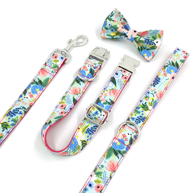 JMT-444682 Red Midsummer Garden Bow Tie Pet Collar with Leash - Polyester Material, Available in Multiple Sizes