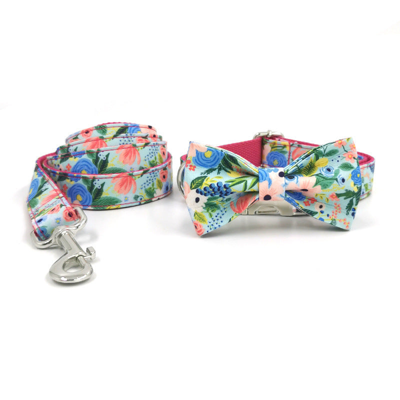 JMT-444682 Red Midsummer Garden Bow Tie Pet Collar with Leash - Polyester Material, Available in Multiple Sizes
