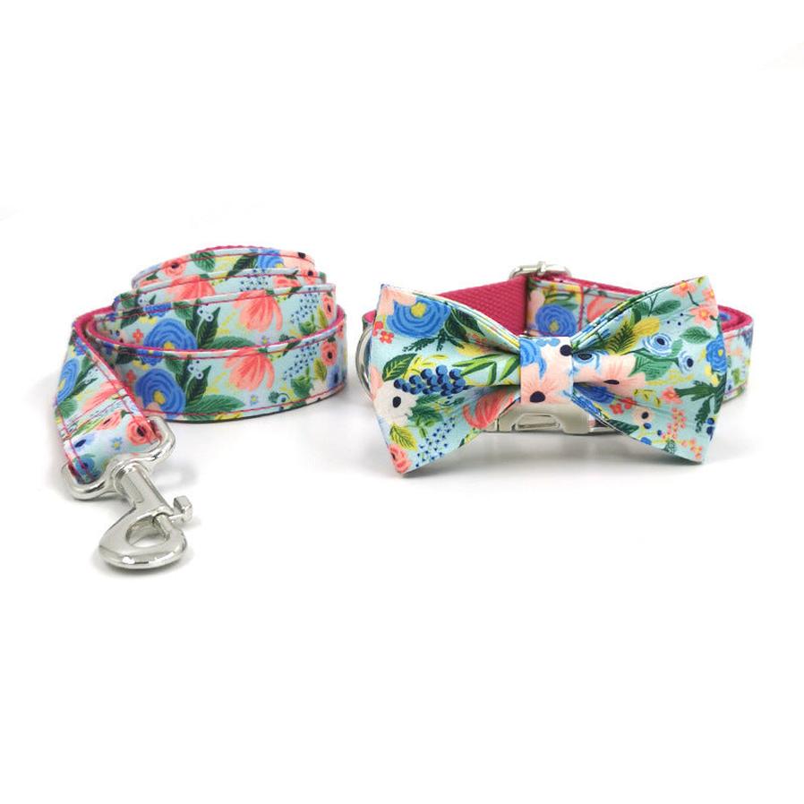 JMT-444682 Red Midsummer Garden Bow Tie Pet Collar with Leash - Polyester Material, Available in Multiple Sizes