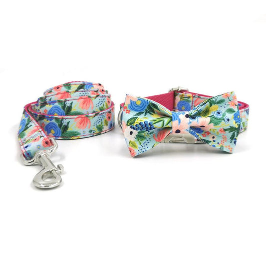 JMT-444682 Red Midsummer Garden Bow Tie Pet Collar with Leash - Polyester Material, Available in Multiple Sizes