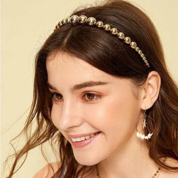 JMT-444874 Creative Retro Women's Alloy Headwear Set with Geometric Styling - Round Bead Hair Band in Gold and Silver