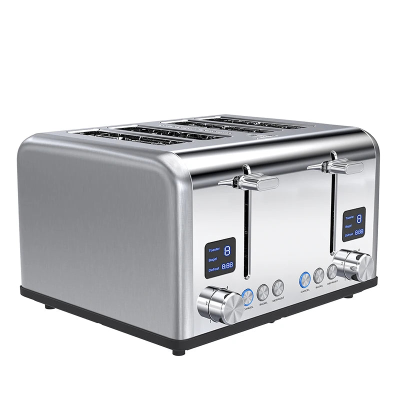 JMT-446282 Four-Slice Stainless Steel Electric Toaster with LED Display for Versatile Breakfast Preparation
