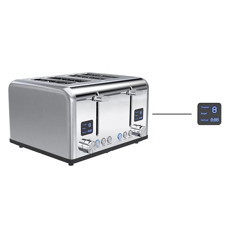 JMT-446282 Four-Slice Stainless Steel Electric Toaster with LED Display for Versatile Breakfast Preparation