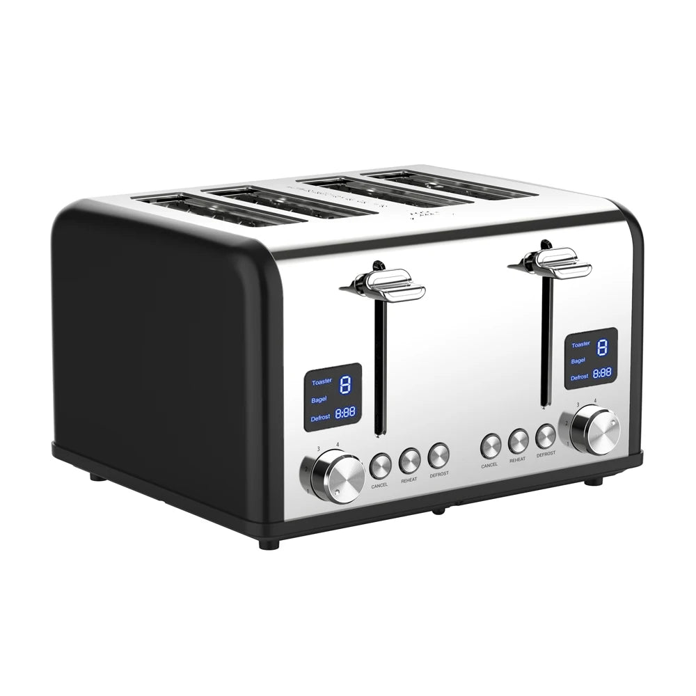 JMT-446282 Four-Slice Stainless Steel Electric Toaster with LED Display for Versatile Breakfast Preparation