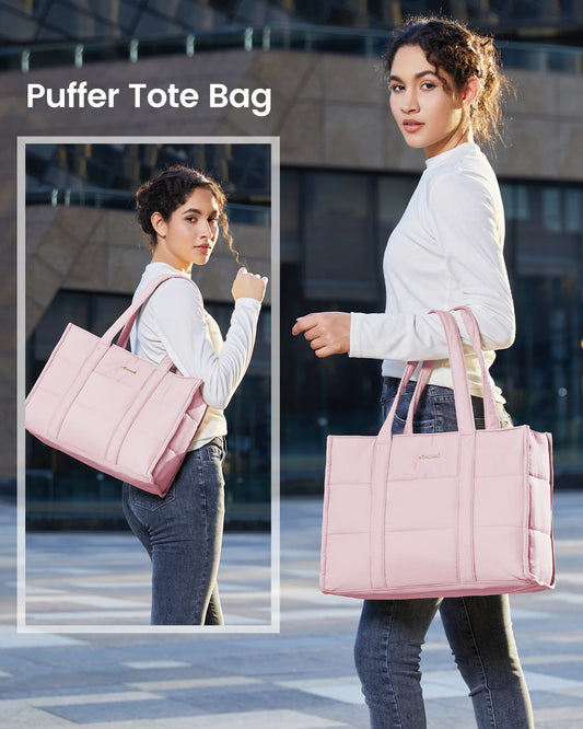 JMT-447306 Quilted Puffer Laptop Tote Bag for 15.6-17.3 Inch Devices - Lightweight Travel Shoulder Bag for Work and Casual Use