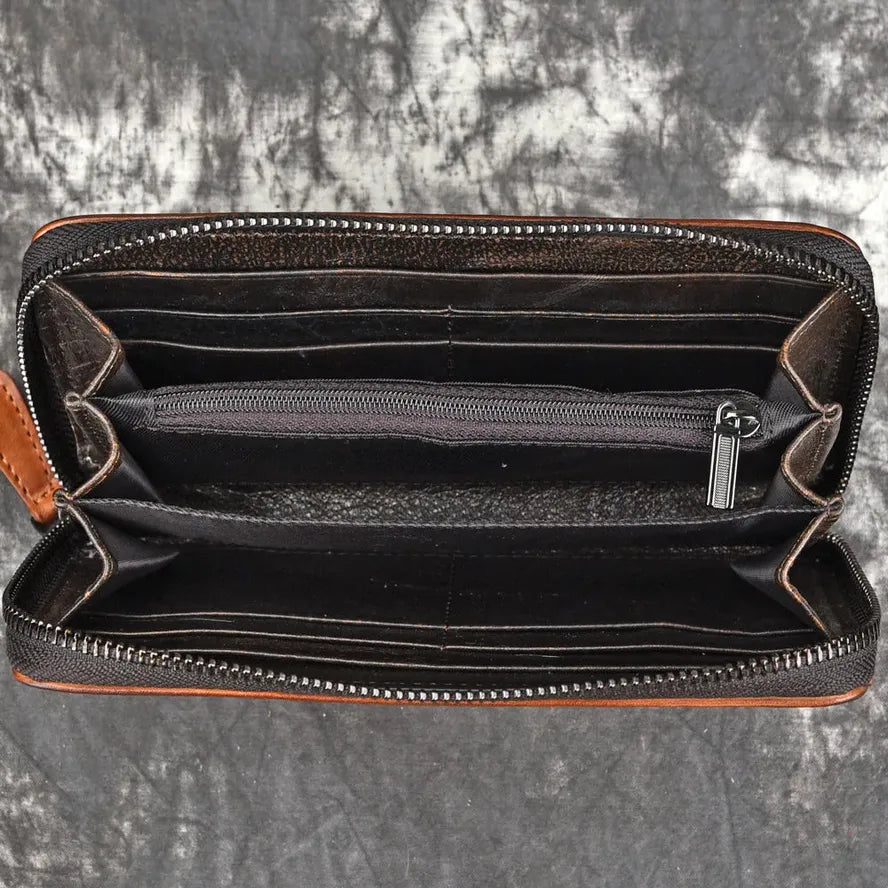 JMT-448010 Handmade Retro Multi-Card Leather Wallet in Coffee/Brown with Zipper Closure