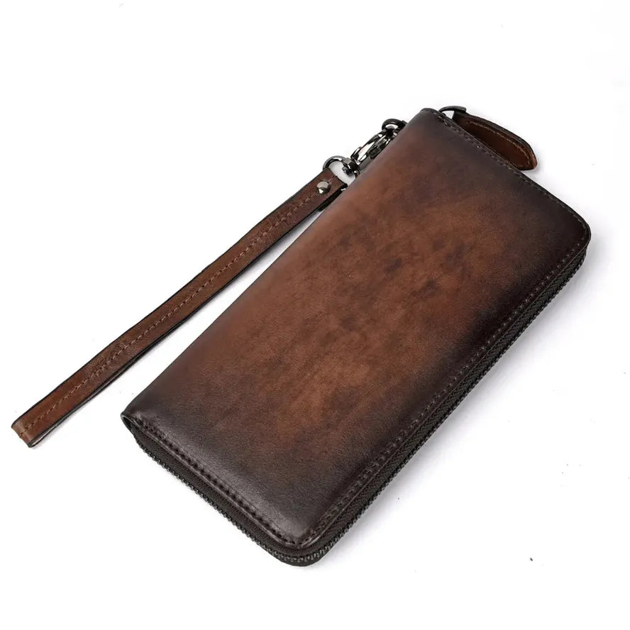 JMT-448010 Handmade Retro Multi-Card Leather Wallet in Coffee/Brown with Zipper Closure