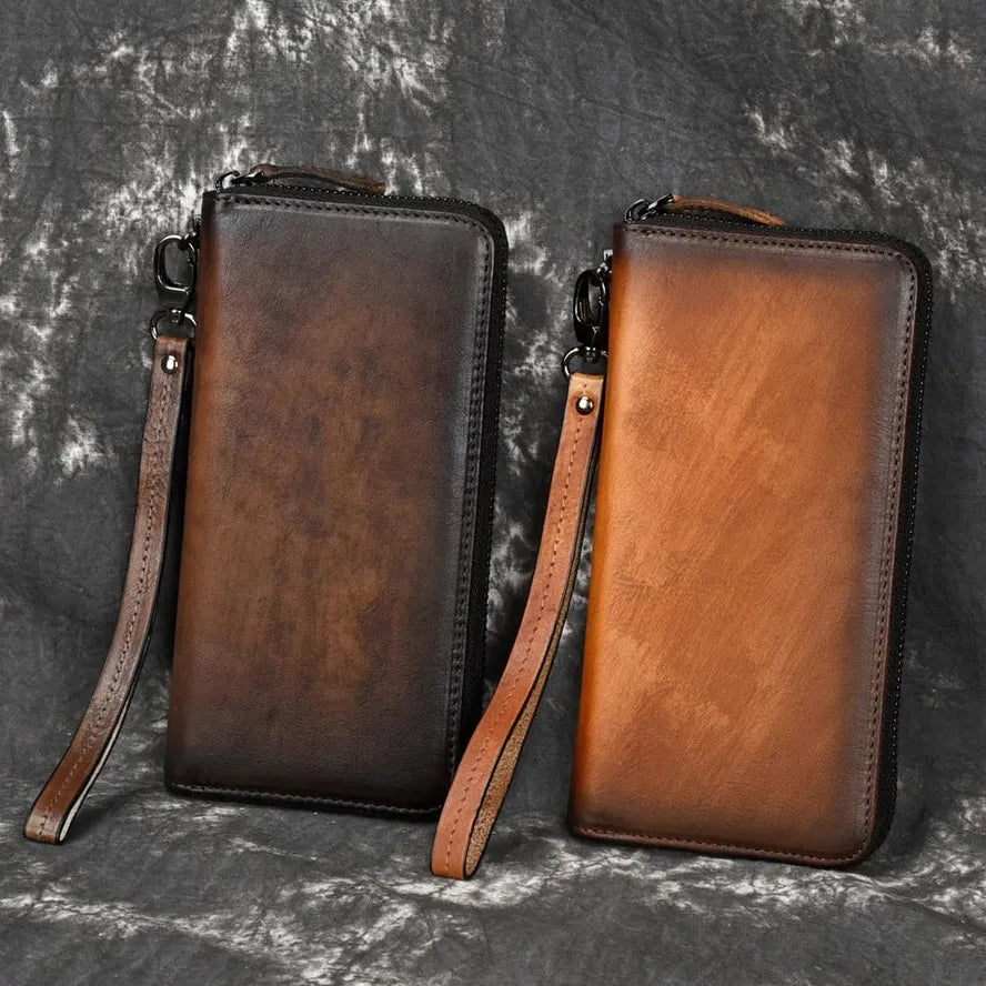 JMT-448010 Handmade Retro Multi-Card Leather Wallet in Coffee/Brown with Zipper Closure
