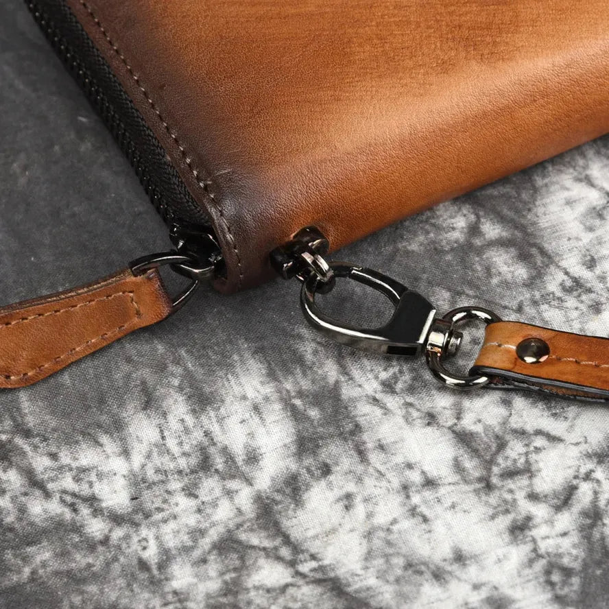 JMT-448010 Handmade Retro Multi-Card Leather Wallet in Coffee/Brown with Zipper Closure