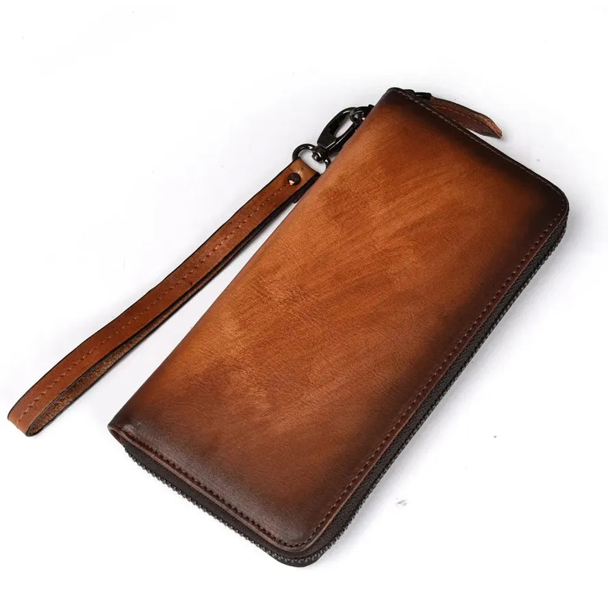 JMT-448010 Handmade Retro Multi-Card Leather Wallet in Coffee/Brown with Zipper Closure