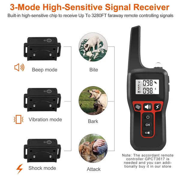 JMT-448138 IP67 Waterproof Dog Training Collar Receiver with Shock, Vibration & Beep Modes - Remote Range up to 3280ft