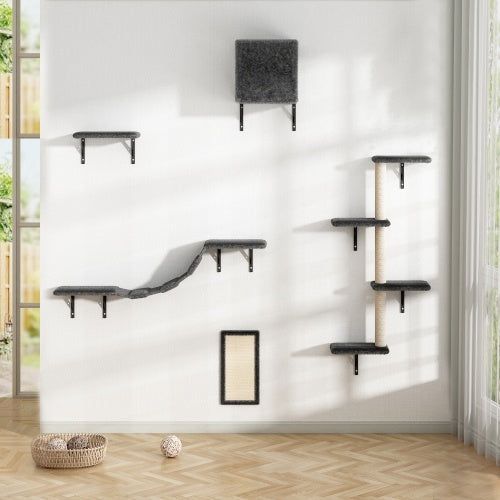 JMT-448650 Wall-Mounted Indoor Cat Tree Furniture Set with Scratch Board and Perches – 5 Pieces