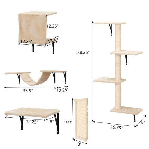 JMT-448650 Wall-Mounted Indoor Cat Tree Furniture Set with Scratch Board and Perches – 5 Pieces